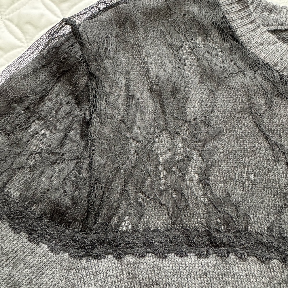 Nicole Richie Charcoal Gray Black Lace Yoke Zip Back Knit Tunic Sweater Sz L - Picture 6 of 15